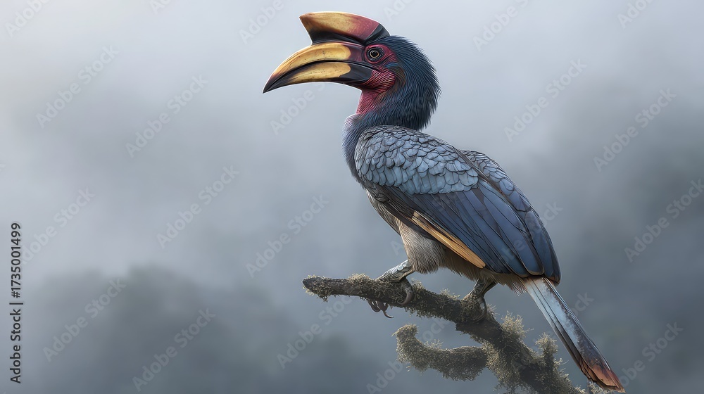 Obraz premium Majestic hornbill perched on a branch amidst misty forest landscape showcasing vivid colors and intricate feather patterns
