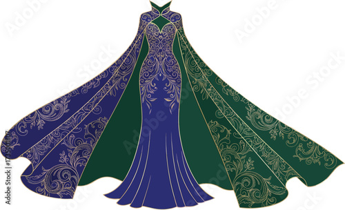 Royal Blue Green Gown Vector with Gold Embroidery, High Neckline, Flowing Panels for Fashion, Costume, Formal Wear, and Design Themes