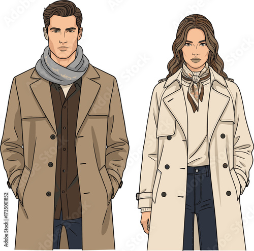 Stylish Man and Woman Wearing Elegant Trench Coats, Fashionable Outerwear Illustration for Modern Clothing, Lifestyle, and Urban Style Content