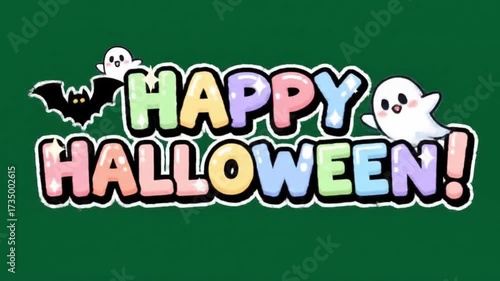 Cute Happy Halloween text with colorful letters, ghost, and bat on green background.