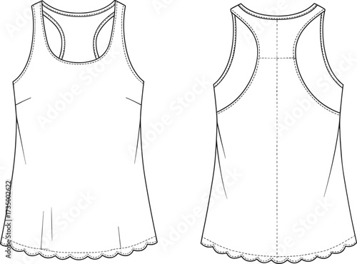 Women tank top flat sketch, sleeveless blouse illustration, racerback design vector, apparel fashion drawing, sewing pattern template