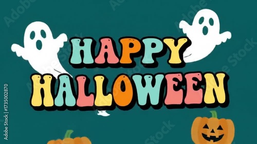 Colorful Happy Halloween greeting with cute ghosts and pumpkins on a teal background.