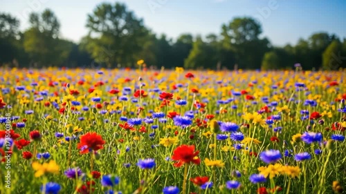 sun-drenched meadow bursts with countless red yellow and blue wildflowers forming vibrant carpet Lush green stalks and blurred treeline under bright blue sky offer serene natural view