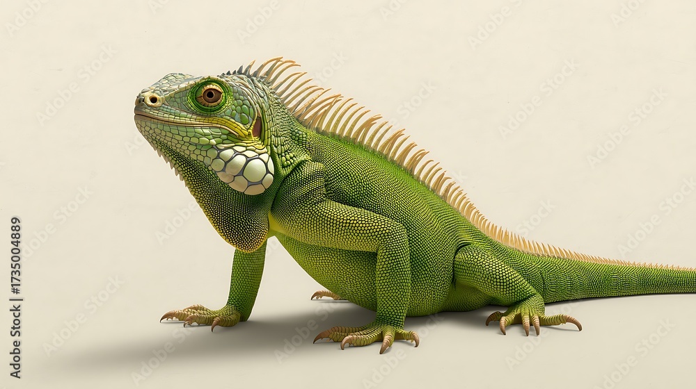 Fototapeta premium Majestic Green Iguana Portrait: Highly Detailed Reptile on Plain Background