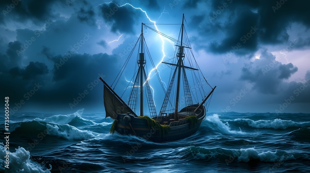 Fototapeta premium A vintage ship sails through a stormy sea, with lightning illuminating the sky, creating a dramatic scene of maritime adventure and the power of nature