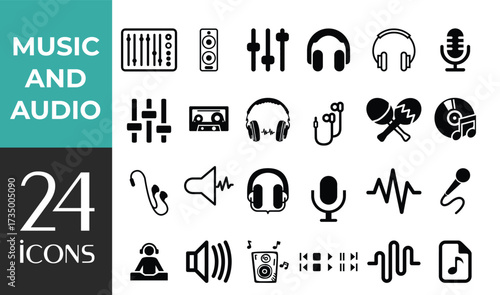 Audio & Sound set of web icons in line style. Icons including speaker, microphone, music, multimedia, equalizer, headphones, volume, and more. Editable stroke. Vector illustration