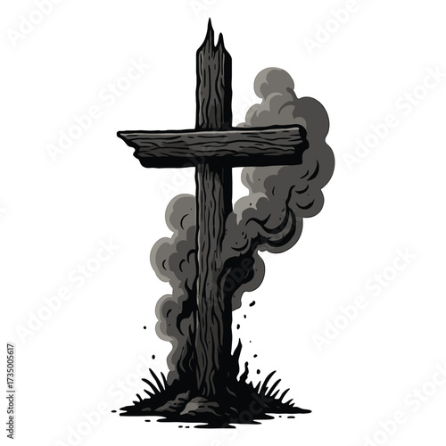 Vector Illustration of Burning Cross with Smoke in Modern Dark Style for Gothic or Protest Themes