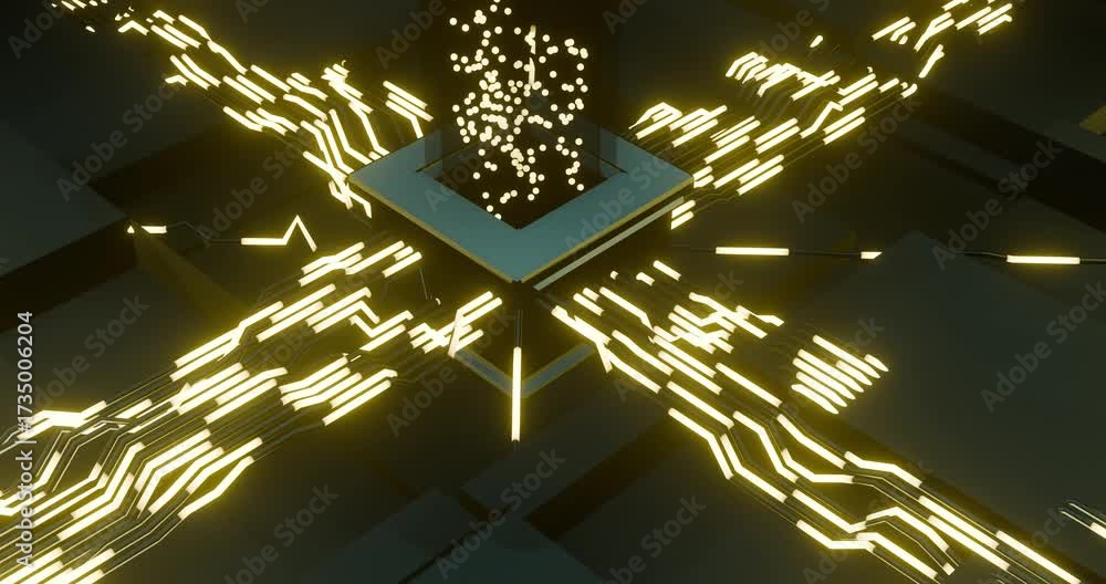 Animação 3D de um hub metálico com trilhas/cabos luminosos dourados que se cruzam em quatro direções, enquanto um feixe de partículas verdes emerge do núcleo. Visual high-tech e futurista