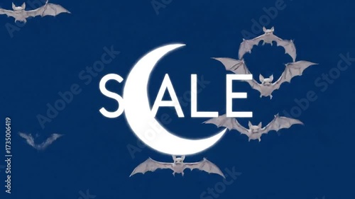 Halloween night sale banner with flying bats, crescent moon, and bold text on a dark blue background.