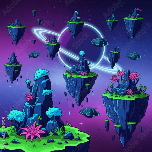Pixelated floating islands lush flora spacecraft amidst a cosmic ringed planet backdrop