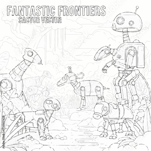 Robot animal scene a robot giraffe dog hippo and robot man stand amongst plants clouds and water in a line art design