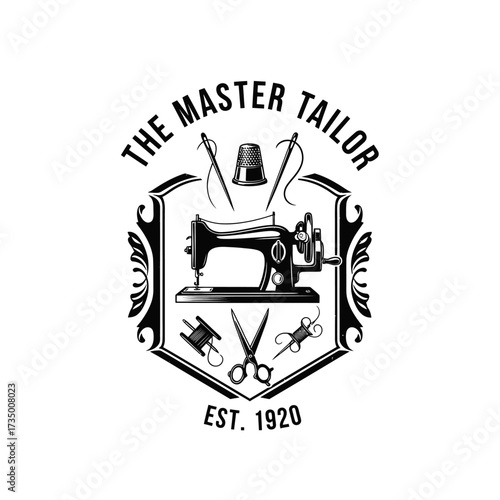 Vintage logo of a tailor shop with sewing machine and tools.