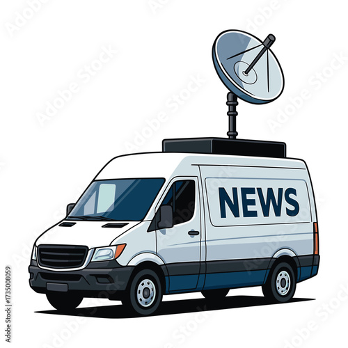 Vector Illustration of News Van with Satellite Dish in Modern Minimalist Style in White and Blue Colors