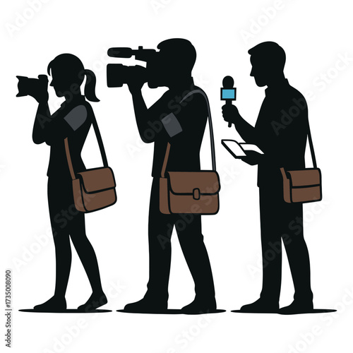 Minimalist Vector Illustration of Reporters with Cameras and Microphone in Modern Style Featuring Earth Tones