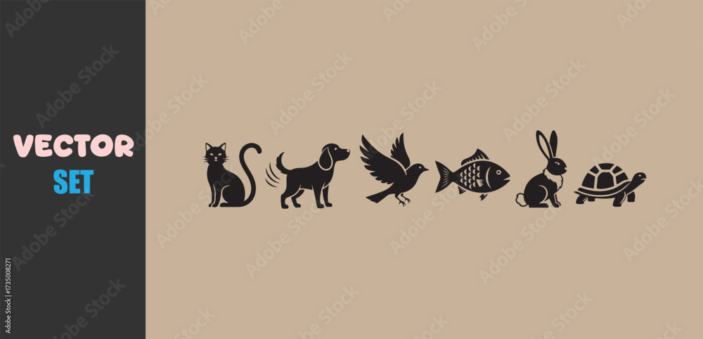 Naklejka premium Collection of silhouette animal icons for pets and wildlife