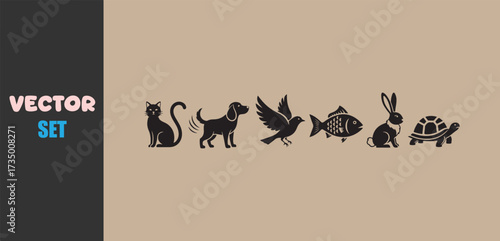 Collection of silhouette animal icons for pets and wildlife