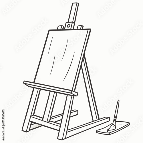 A simple line art illustration of an artist s easel with a blank canvas and a paintbrush resting on a palette