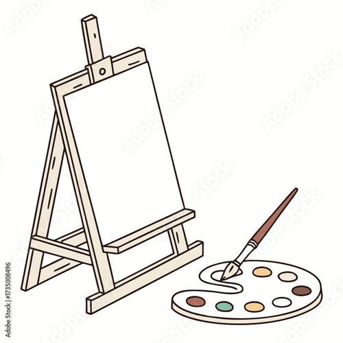 An empty canvas on a wooden easel sits next to a painter s palette with a brush and colorful paints ready for artistic creation