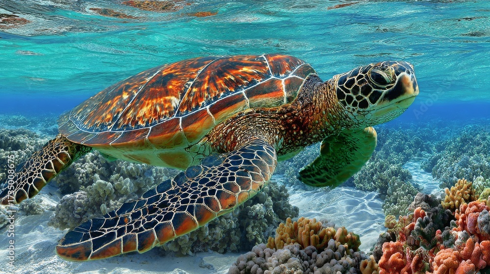 Fototapeta premium Green sea turtle swimming peacefully in clear ocean waters near a coral reef.