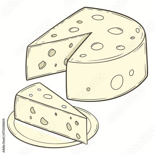 A delicious wedge of swiss cheese is served on a plate next to a large round of cheese with a slice removed