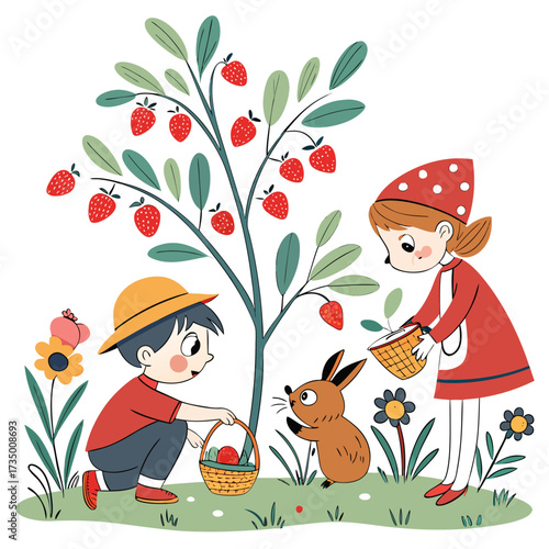 Children and a rabbit picking strawberries from a tree in a garden with flowers
