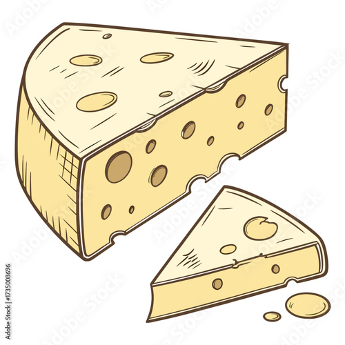 A delicious wedge of swiss cheese with a slice cut off and small cheese droplets on a white background