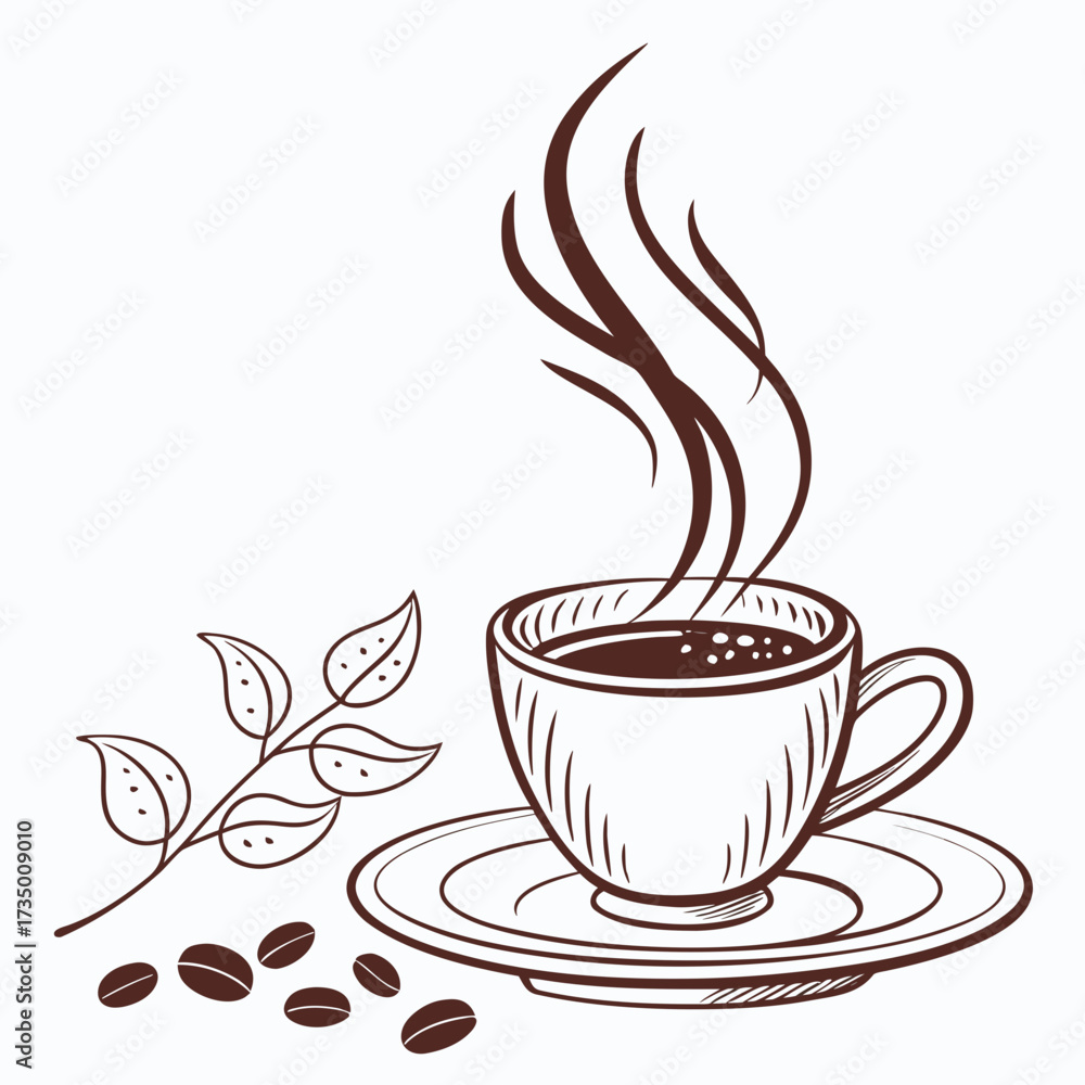 Obraz premium A minimalist line art illustration of a steaming cup of coffee with coffee beans and a sprig of coffee leaves on a white background