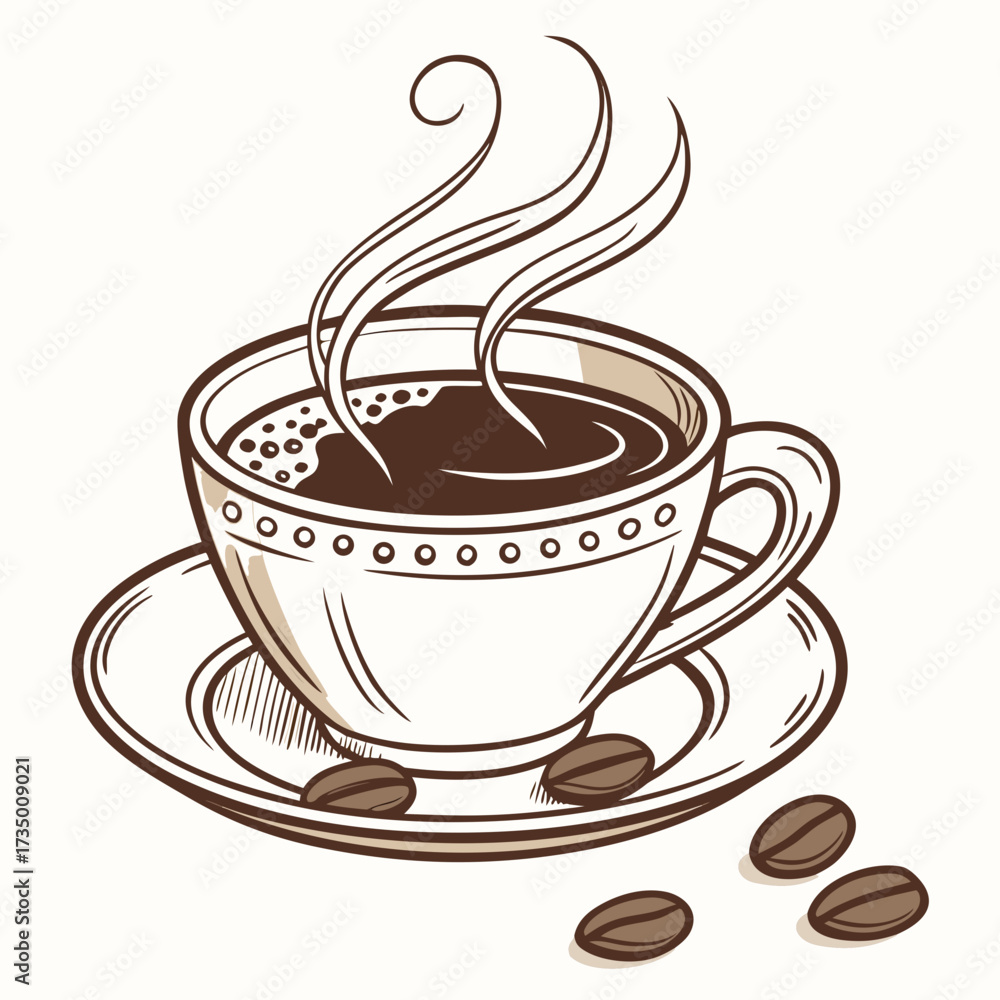 Obraz premium A steaming cup of hot coffee with frothy foam and coffee beans on a saucer illustrated in a simple line art style