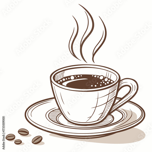 Sketch style illustration of a steaming cup of coffee on a saucer with coffee beans