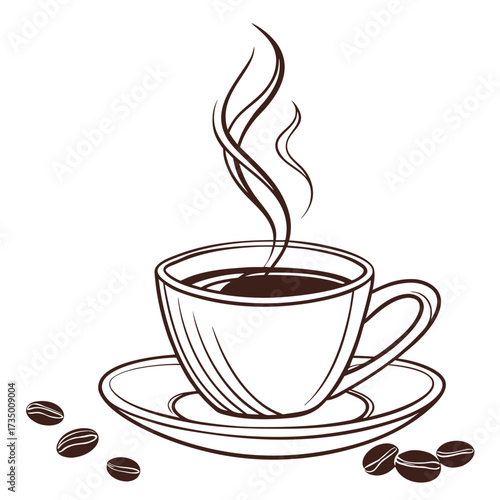 A simple line art illustration of a steaming cup of coffee with coffee beans on a saucer against a white background