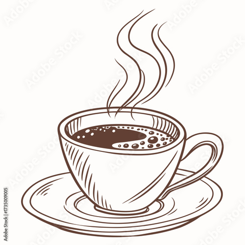 A hand drawn sketch of a steaming cup of coffee on a saucer with a white background