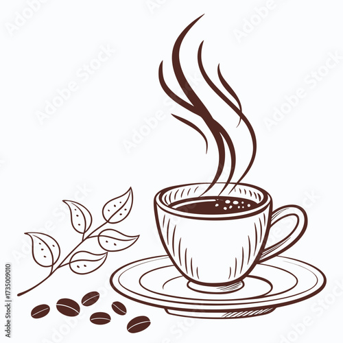 A minimalist line art illustration of a steaming cup of coffee with coffee beans and a sprig of coffee leaves on a white background