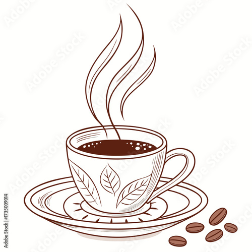 A delightful hand drawn illustration of a steaming cup of coffee on a saucer with scattered coffee beans perfect for beverage related designs