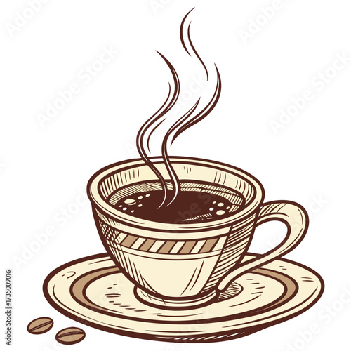 A delightful hand drawn illustration of a steaming cup of coffee on a saucer with coffee beans perfect for cafe menus and breakfast themes