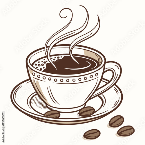 A steaming cup of hot coffee with frothy foam and coffee beans on a saucer illustrated in a simple line art style