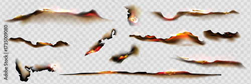 Fire on burnt paper edges. Frames with burn effect with yellow flame, black ash and scorched edges of pages or parchment sheets isolated on transparent background,