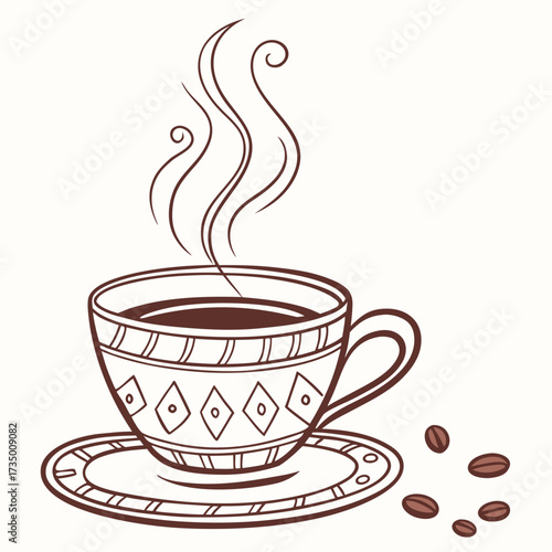 Stylized hand drawn cup of hot coffee with steam and coffee beans on a saucer simple line art illustration