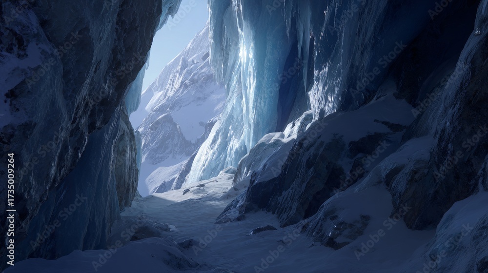 Fototapeta premium Illuminated Ice Cave Path: A Vertical View of a Bright Light at the End of a Snowy Tunnel
