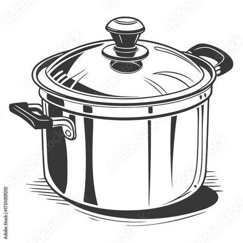 A clean stylized illustration of a stainless steel cooking pot with a transparent lid and handles perfect for kitchen and culinary themes