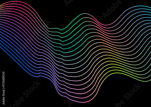 Vector illustration in modern abstract neon style. Wavy gradient lines in pink, green, blue flow across a black background, creating a dynamic sense of motion and energy.
