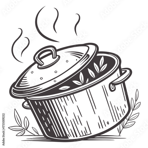 Hand drawn illustration of a steaming cooking pot filled with fresh herbs and leaves on a white background