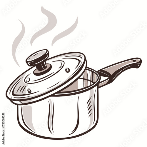 A cartoon illustration of a steaming saucepan with its lid slightly ajar suggesting hot food or liquid inside