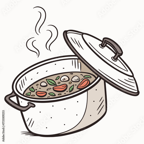 Whimsical illustration of a steaming pot of hearty stew with visible vegetables and mushrooms lid ajar