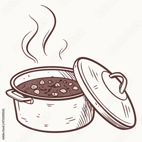 Hand drawn illustration of a steaming pot of stew or chili with chunks of meat and vegetables lid ajar on a light background