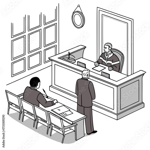 A courtroom scene with a judge presiding over a case a lawyer at a desk and a witness standing