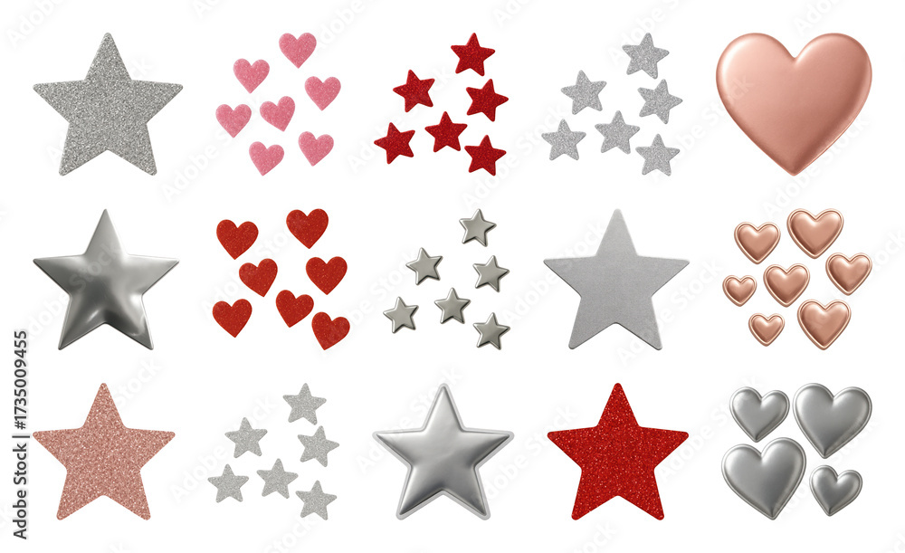 Obraz premium PNG Colorful metallic stars hearts, element set on transparent background