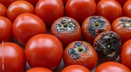 Rotten tomatoes among ripe ones food spoilage concept overhead view
