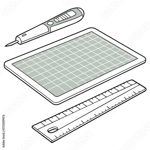 Isometric illustration of a craft knife a gridded tablet and a ruler on a white background representing digital design and crafting tools