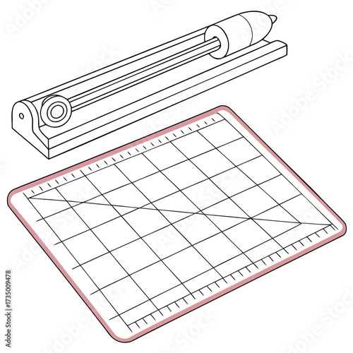 Illustration of a rotary cutter and a cutting mat with grid lines and measurement markings for crafting and sewing projects