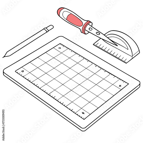 Isometric illustration of a craft cutting mat with grid lines a pencil and a craft knife tool for precise cutting and crafting projects